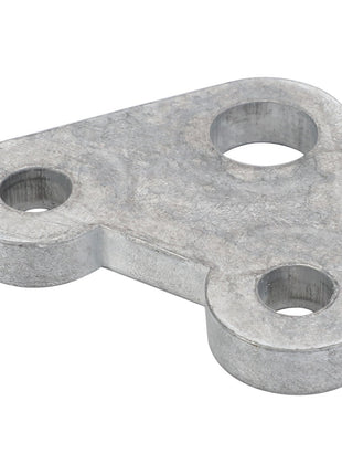The AGCO Spacer Plate - F178500031420, a triangular metal plate featuring three holes—two of identical size and one smaller—sits isolated on a pristine white background.