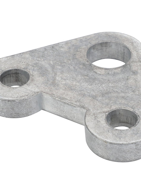 The AGCO Spacer Plate - F178500031420, a triangular metal plate featuring three holes—two of identical size and one smaller—sits isolated on a pristine white background.