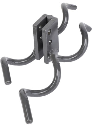 The AGCO | Hose Holder - Acw3496120 is a four-pronged black metal tool featuring a central mounting bracket, designed primarily for attaching to machinery or equipment. No current product description information is available.