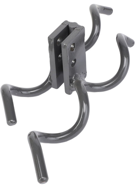 The AGCO | Hose Holder - Acw3496120 is a four-pronged black metal tool featuring a central mounting bracket, designed primarily for attaching to machinery or equipment. No current product description information is available.