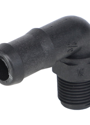 The current product description reads: A black plastic elbow pipe fitting with a threaded end and a smooth end, used for connecting pipes at a 90-degree angle. The product is the AGCO | Elbow Fitting - Ag051140 from the brand AGCO.