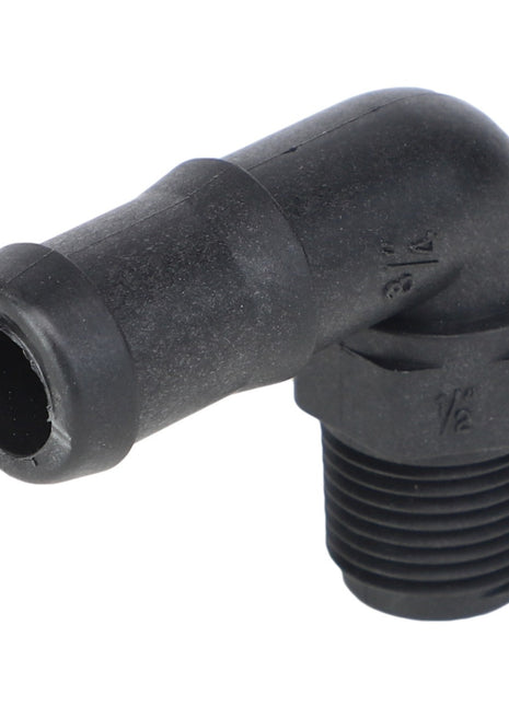 The current product description reads: A black plastic elbow pipe fitting with a threaded end and a smooth end, used for connecting pipes at a 90-degree angle. The product is the AGCO | Elbow Fitting - Ag051140 from the brand AGCO.