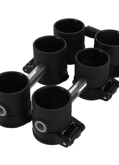 Six black AGCO plastic pipe connectors | Cap - Acp0394470 are neatly arranged in two rows, all securely fastened by a sturdy metal bar.