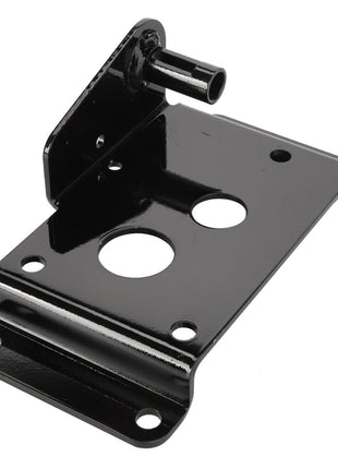 The AGCO Bracket - Acw0332420 is a black metal bracket featuring multiple holes and a protruding cylindrical peg. Additional product description information is not currently available.