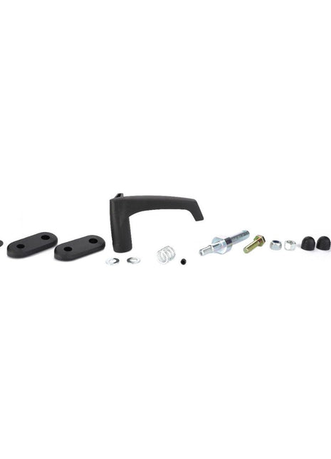 Assorted hardware pieces including screws, washers, gaskets, and the AGCO Handle, Rear Window - 6249417M11 arranged in a line on a white surface; ideal for maintaining AGCO Parts or Genuine Controls and Levers in Massey Ferguson models.