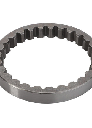 The AGCO | Ring - F411301021160 by AGCO features a metal construction with an outer smooth edge and an inner edge designed with intricate gear-like teeth.