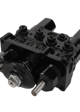 A close-up of an AGCO | Brake Valve - Acw0141960, a black hydraulic control valve with multiple ports and bolts, featuring two silver cylindrical rods extending from its base. No current product description available.