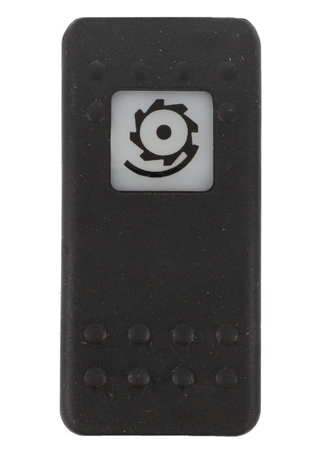 A close-up of the AGCO | SWITCH - D45050012, a sleek black rectangular remote control from AGCO, featuring a white button with a circular saw blade icon and small round buttons aligned at the bottom third.