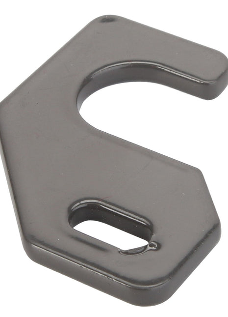 The AGCO Hinge - D28982445 is a black, metal bracket with a hook shape and a hole at one end, designed for securing or hanging items.
