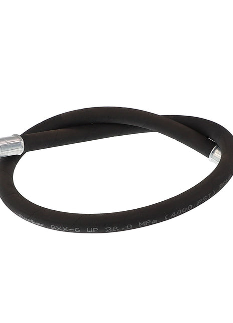 AGCO's hydraulic hose (ACP0051210) is a coiled black rubber hose featuring metal connectors on both ends, elegantly displayed against a white background. For any questions or assistance with ordering, our support team is ready to help.