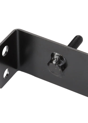 The AGCO Bracket - Acw1107180 is a black metal bracket featuring two mounting holes on one side and a bolt attached on the other side. No current product description information is available.