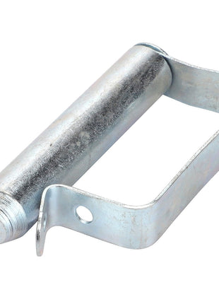 Introducing the AGCO Spring Stud - Fel151225, a unique metal hinge pin with an arm. This product features a cylindrical pin and a curved mounting bracket with a hole for fastening. No existing product description matches its distinctive design.