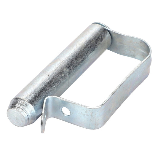 Introducing the AGCO Spring Stud - Fel151225, a unique metal hinge pin with an arm. This product features a cylindrical pin and a curved mounting bracket with a hole for fastening. No existing product description matches its distinctive design.