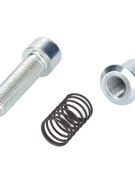 An AGCO Slip Through Security Automatic Clevis (F816500070120), consisting of a metal bolt, a spring, and a threaded cylindrical nut—essential linkage components from AGCO Parts—is arranged on a white background.