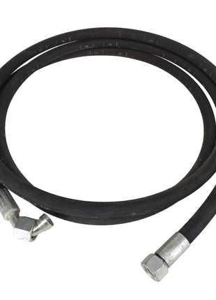 A durable AGCO hydraulic hose (model AL9030827) featuring robust metal connectors at each end, designed for high-pressure applications and coiled in black.
