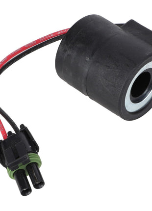 A black automotive electric connector, AGCO | Coil with Diode - AG715440, featuring a cylindrical body and a red wire ending in a dual-prong plug, engineered for performance and durability by AGCO.