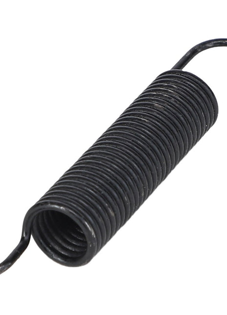 A close-up view of an AGCO Chain Tightener - 30-1007319, showcasing its coiled black metal spring with hooks on both ends, isolated against a white background.