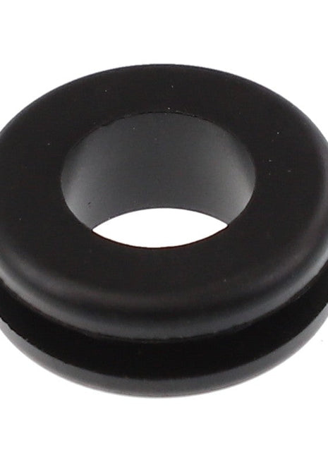 A black rubber grommet with a rounded outer edge and a central hole, named AGCO | GROMMET - AG721848 from the brand AGCO. Currently, no additional product description information is available.