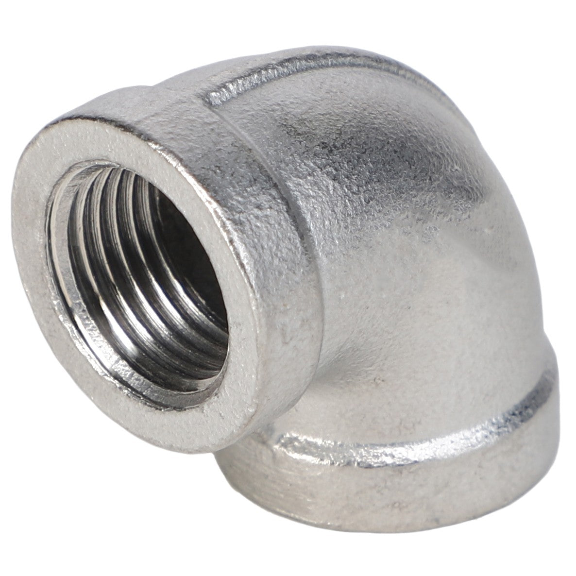 A close-up reveals the intricate threading inside the AGCO | ELBOW FITTING - AG562693, capturing the detailed craftsmanship of this metal elbow fitting.
