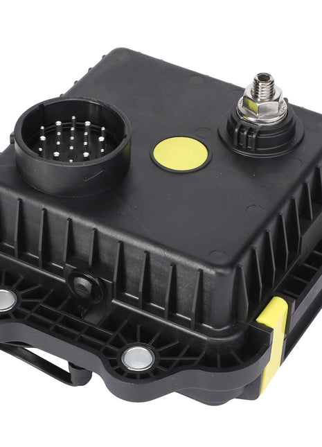 The AGCO | Group - Acx0035740 is a sleek black plastic electronic component featuring multiple connectors and ports, including a circular multi-pin connector and a sturdy metal coaxial connector, all securely mounted on a robust black base.