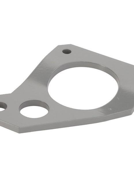 The AGCO BRACKET - D28482314 is a flat, gray metal plate equipped with three holes of varying sizes—one circular and two smaller, bolt-sized holes—ideal for mounting or connecting components.