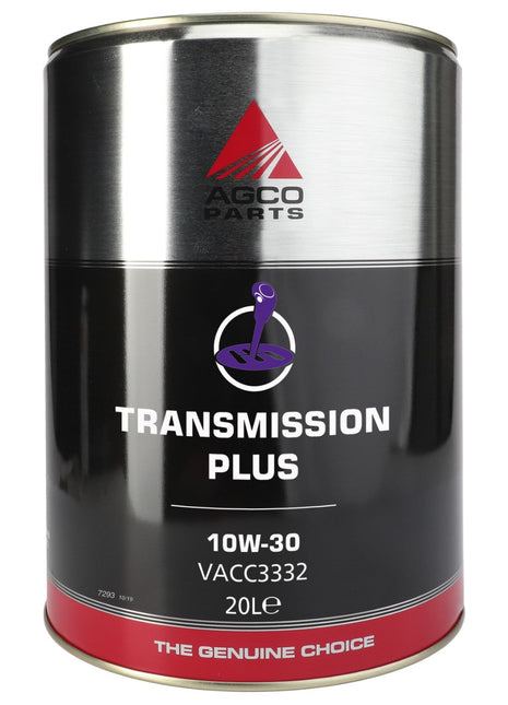 A 20-liter metal container branded as "AGCO Parts Transmission Plus 10W-30" features the product code VACC3332 and is perfect for tractor hydraulic systems.