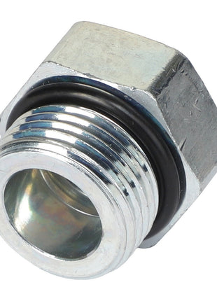 A close-up view of the AGCO | HEX HEAD PLUG - AG561879, featuring its metallic surface and O-ring, showcases its fine details; unfortunately, no current product description information is available.