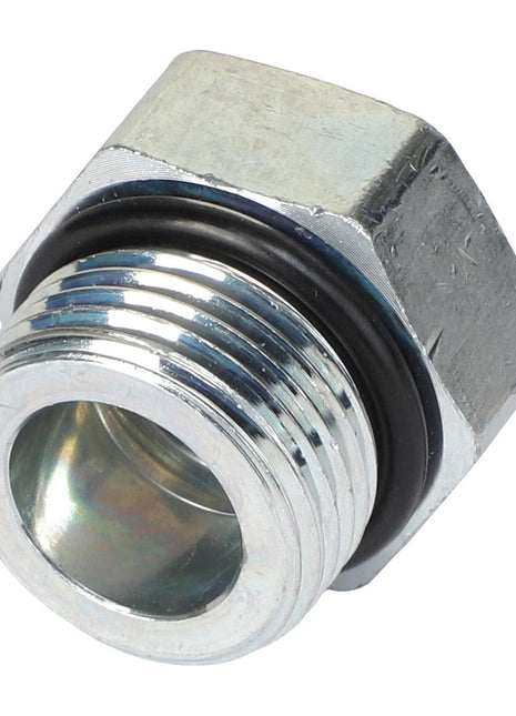 A close-up view of the AGCO | HEX HEAD PLUG - AG561879, featuring its metallic surface and O-ring, showcases its fine details; unfortunately, no current product description information is available.