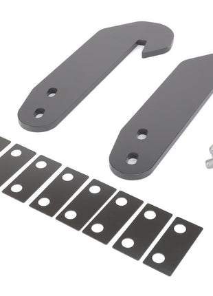 Two black metal brackets, six rectangular metal plates, and four screws are arranged on a white background. The product featured is the AGCO Maize Mechanical Lock - C0373057 by AGCO.