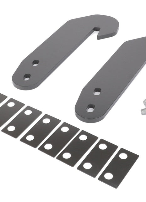 Two black metal brackets, six rectangular metal plates, and four screws are arranged on a white background. The product featured is the AGCO Maize Mechanical Lock - C0373057 by AGCO.