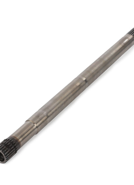 The AGCO | Clutch Shaft - V30762240 is a long, cylindrical metal rod with splined ends, designed for use in mechanical assemblies or drivetrains for heavy-duty operations and power transmission.