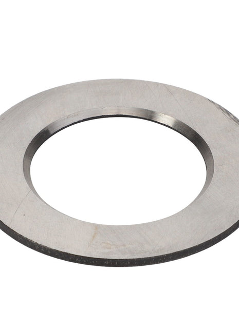 A metallic, circular flat washer with a central hole, viewed from an oblique angle. Product Name: AGCO | SHIM - V30903900. Brand Name: AGCO. No current product description information available for further details.