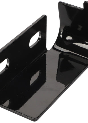 No current product description available for the AGCO Shield - Acw017681A black, L-shaped metal bracket with two oval mounting holes and a curved end by AGCO.