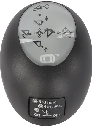 The AGCO Knob, Front Loader - AL5021049, features a black, oval-shaped design with a display screen showcasing various arrow symbols and another panel indicating "3rd func.," "4th func.," and an "ON/OFF" switch at the base, highlighting its ergonomic design for genuine control and ease of use.