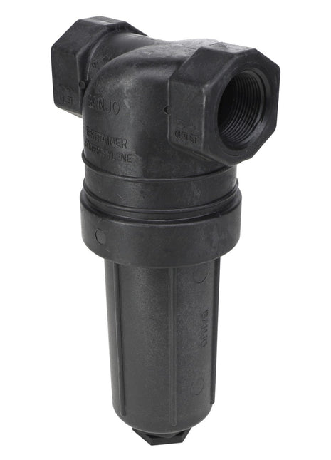 No current product description is available for this image of the AGCO | Strainer - Ag053056, a black Y-strainer by AGCO with threaded connections, used for filtering debris from liquids, featuring a cylindrical body and T-shaped top.