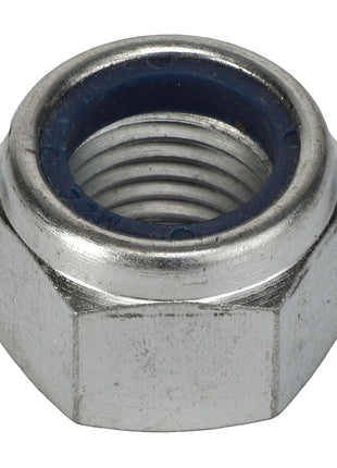 A close-up view of the AGCO | NUT - AL5011561, featuring a metallic construction with an internal blue nylon insert designed to prevent loosening. No current product description information is available.