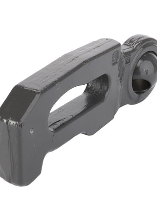 A close-up of the AGCO | Stub - Acp0340490 metallic latch mechanism from AGCO, featuring a rectangular body, a circular hinge, and a triangular end. It is finished in a glossy black paint. No current product description available for this product.