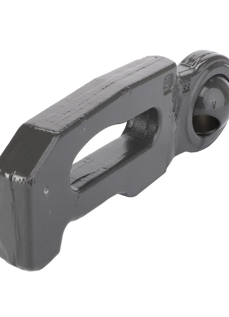 A close-up of the AGCO | Stub - Acp0340490 metallic latch mechanism from AGCO, featuring a rectangular body, a circular hinge, and a triangular end. It is finished in a glossy black paint. No current product description available for this product.