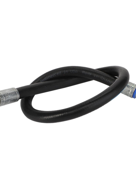 Introducing the AGCO Hydraulic Hose - Acw3852620, a black flexible hose from the trusted brand AGCO. It features metal fittings on both ends, with one end equipped with a threaded connector and the other with an elbow joint.