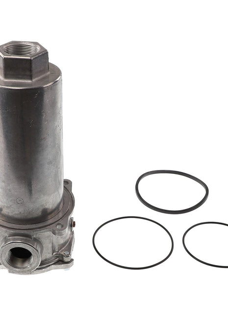 A cylindrical metal component, the AGCO | RETURN FILTER - AG333619, with threaded ends is accompanied by three circular rubber gaskets. This component appears to be a part of a mechanical or industrial system. Please note, no current product description information is available.
