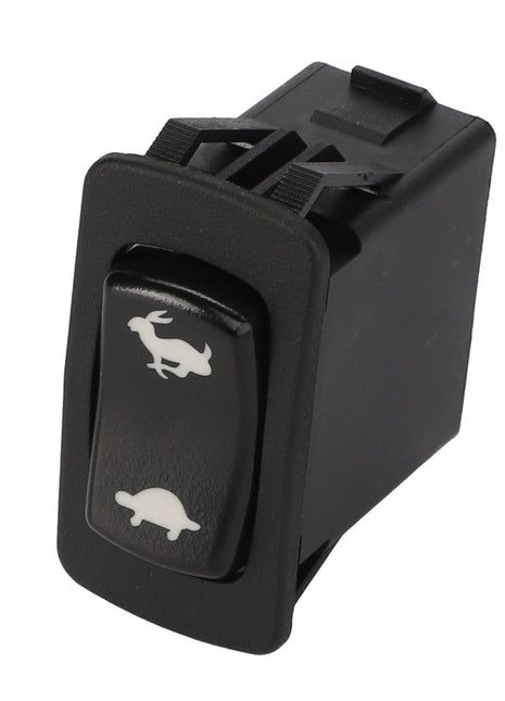 Close-up of the AGCO | SPEED SWITCH - ACY1580820, featuring a black rocker switch with a bunny icon on the top half and a turtle icon on the bottom half, clearly indicating speed settings.