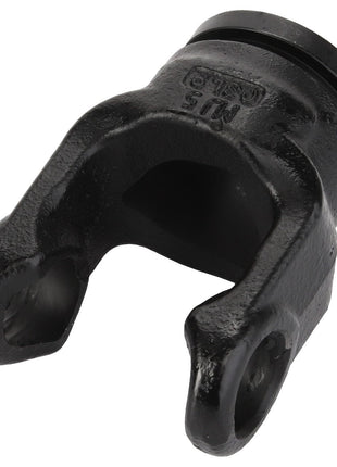 AGCO's Yoke (D45630200) is a reliable black metal component with a sturdy cylindrical base and dual prongs featuring holes for secure attachment, ensuring consistent performance.