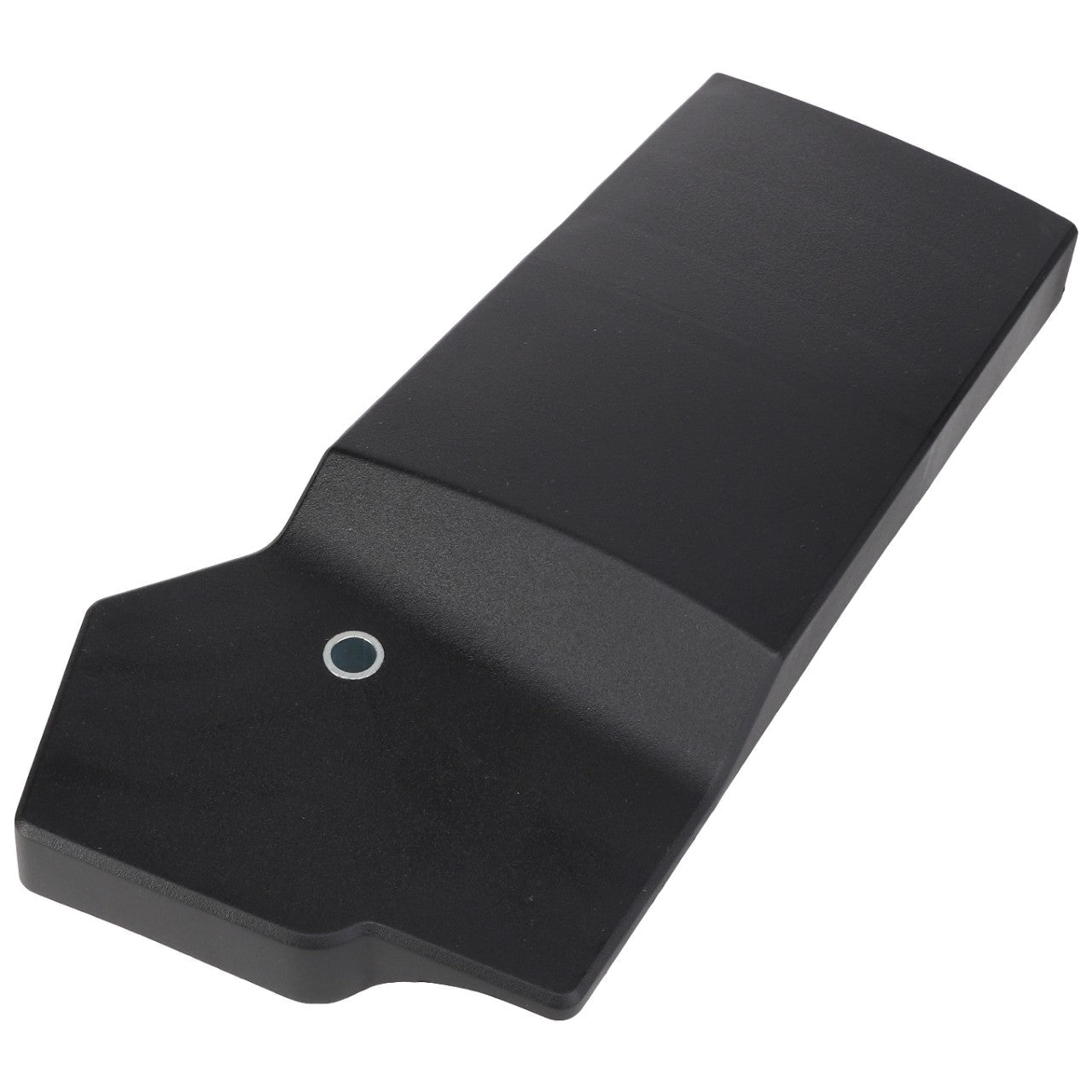 The AGCO Loader Hose Protective Cover - AL5215064, a black, rectangular plastic beam featuring a tapered, wider section and a small circular hole near the edge, serves as an RH protective cover for hoses.