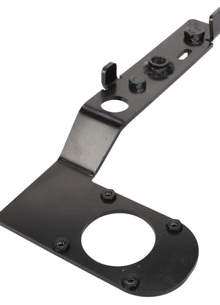 The AGCO | Bracket - Acw353864B, a robust black metal bracket from AGCO, features multiple screw holes and mounting points and is expertly crafted for mechanical or structural support.