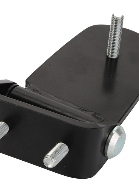 The AGCO Hinge - Acp0419250 is a black metal hinge bracket that includes three threaded bolts and a cylindrical pin. No additional product description is available for this item at the moment.