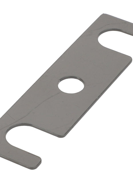The AGCO | Shim - La321979850 is a flat, rectangular metal piece featuring a central circular hole and two U-shaped notches on each end. No further description information is currently available.