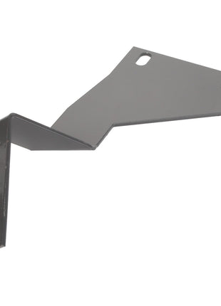 The AGCO | BRACKET - D28187326, a gray metal bracket with an angled design, features two holes on the upper flange and one bolt attached to the lower flange. No current product description information is available.