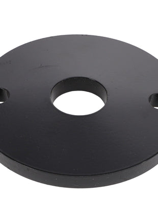 The AGCO | WASHER - E70111, a round, flat metal weight plate in black, features a central hole and has a small notch on one side. No current product description information available.