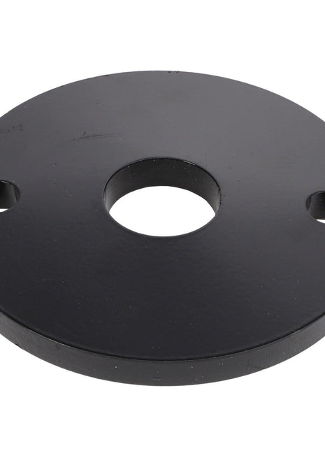 The AGCO | WASHER - E70111, a round, flat metal weight plate in black, features a central hole and has a small notch on one side. No current product description information available.