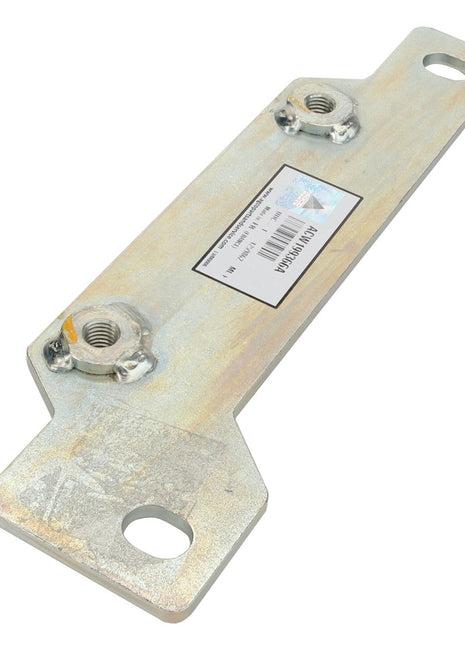 The AGCO Bracket - Acw199366A is a metal mounting plate featuring two threaded nuts and a label, with two holes at each end for attaching. Additional specifications are not available.